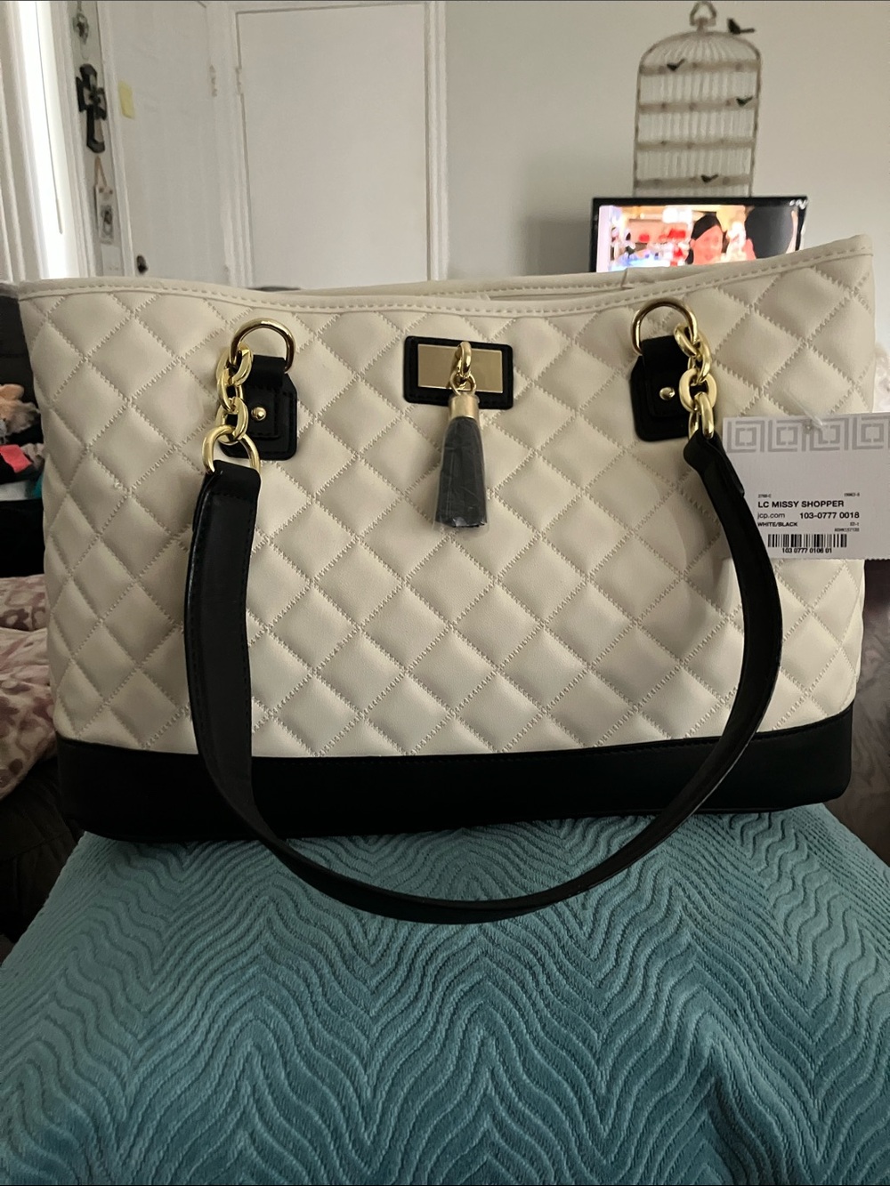 Liz Claiborne Quilted Cream and Black Tote with Gold Hardware